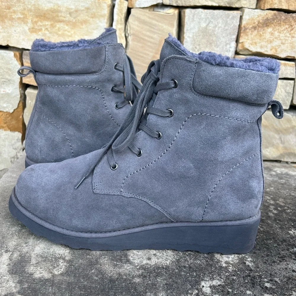 BEARPAW Phoebe Suede Sheepskin lace up hiker Grey Winter Boots Sz-10.  LocB‎